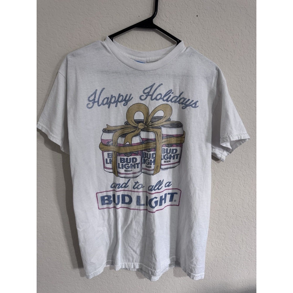 Junk Food Bud Light‎ Happy Holidays Graphic T-Shirt White Small Retro Beer Tee